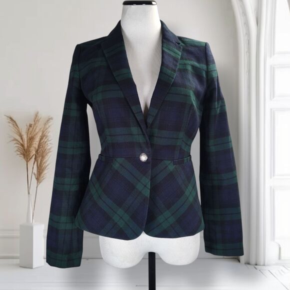 Banana Republic Tartan Plaid Blazer Size 4 Green Navy Cotton One Button Peplum - Picture 1 of 15